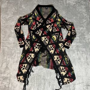 Rue 21 (Size S) Cardigan Sweater Duster Womens Knit Fringe Rainbow Boho SW Aztec